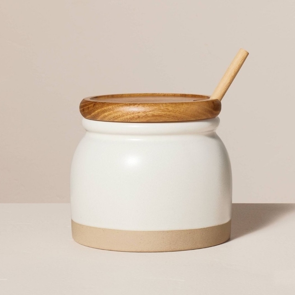 Hearth & Hand Stoneware Jar w/Wooden Lid & Honey Dipper Country Kitchen